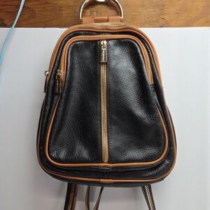 Valentina Black and Tan Leather Women’s Backpack with Gold Hardware
